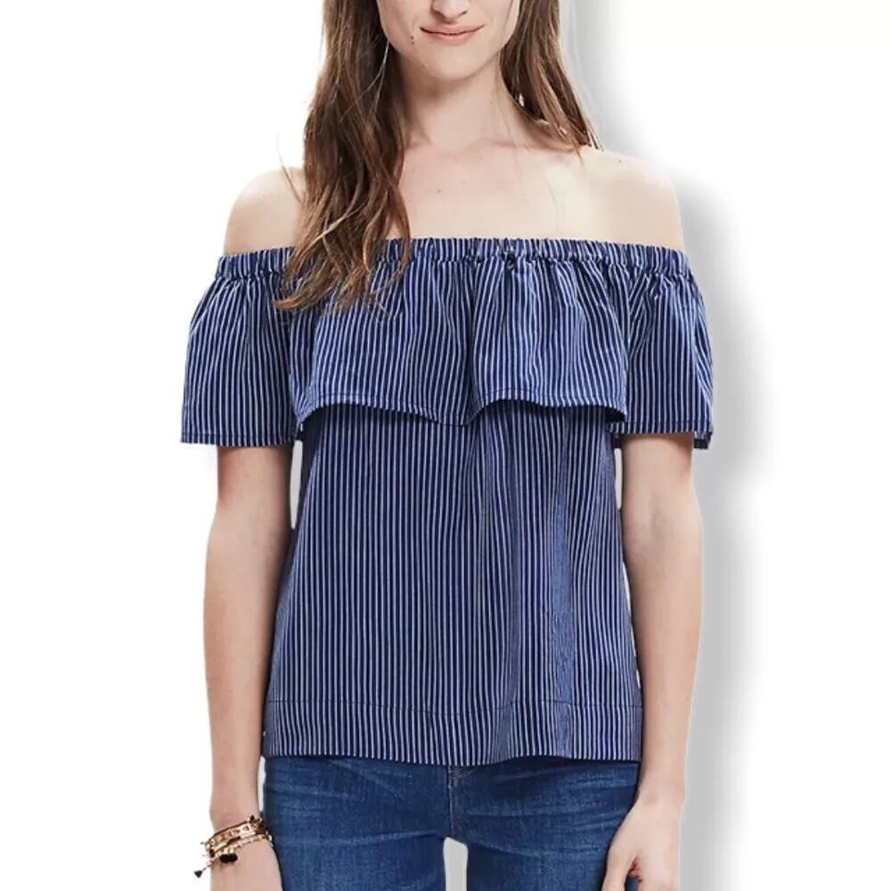 Madewell Women's Blue White Pinstripe Off Shoulder Silk Balcony Top Size Small